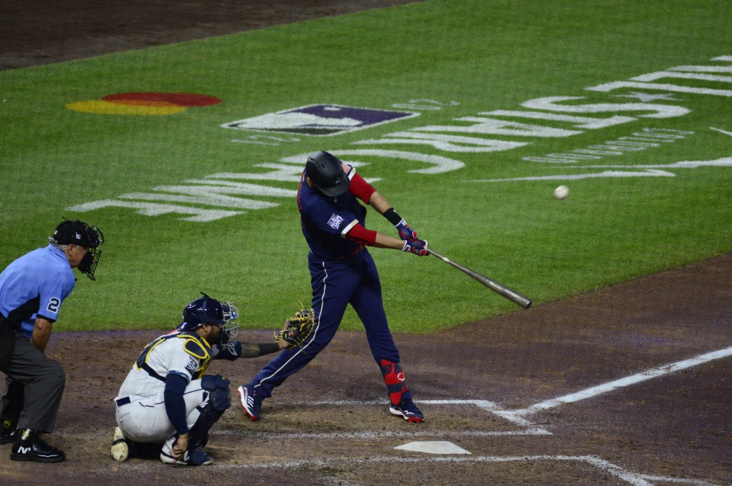 Red Sox slugger JD Martinez makes contact.