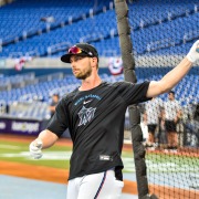 Austin Slater during Marlins batting practice on Friday, March 27, in Miami.