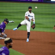 Otto Lopez throws to first base in the Miami Marlins 2-1 win over the Colorado Rockies on Friday, March 27, in Miami