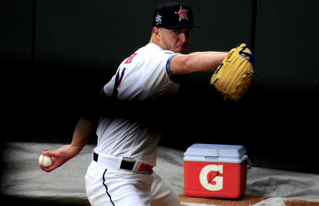 Marlins pitcher Trevor Rogers warms up in the bullpen.