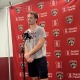 Panthers' forward Matthew Tkachuk speaking in front of microphone