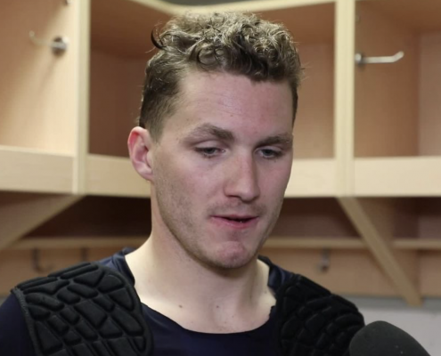 Matthew Tkachuk speaking to media