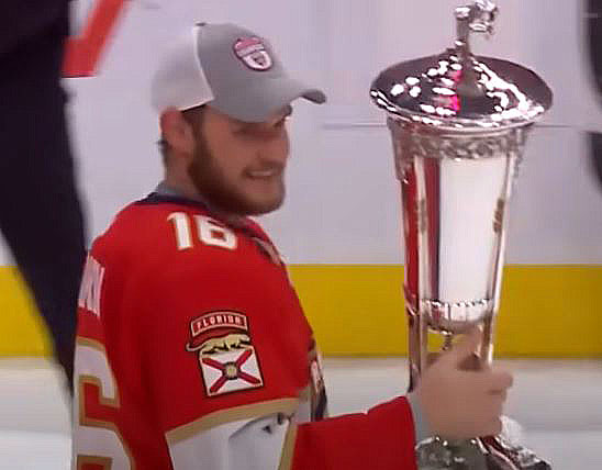 Aleksander Barkov carries the Prince of Wales Trophy after the Florida Panthers earned a trip to the Stanley Cup Final.