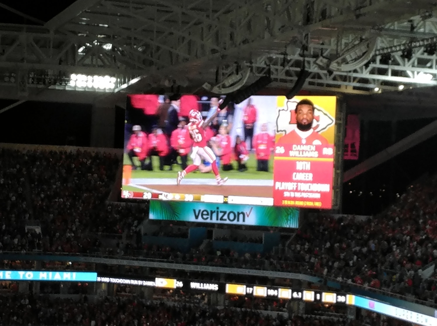 Former Dolphins Damien Williams scores the clinching touchdown for the Chiefs in Super Bowl 54. (Craig Davis for Five Reasons Sports)