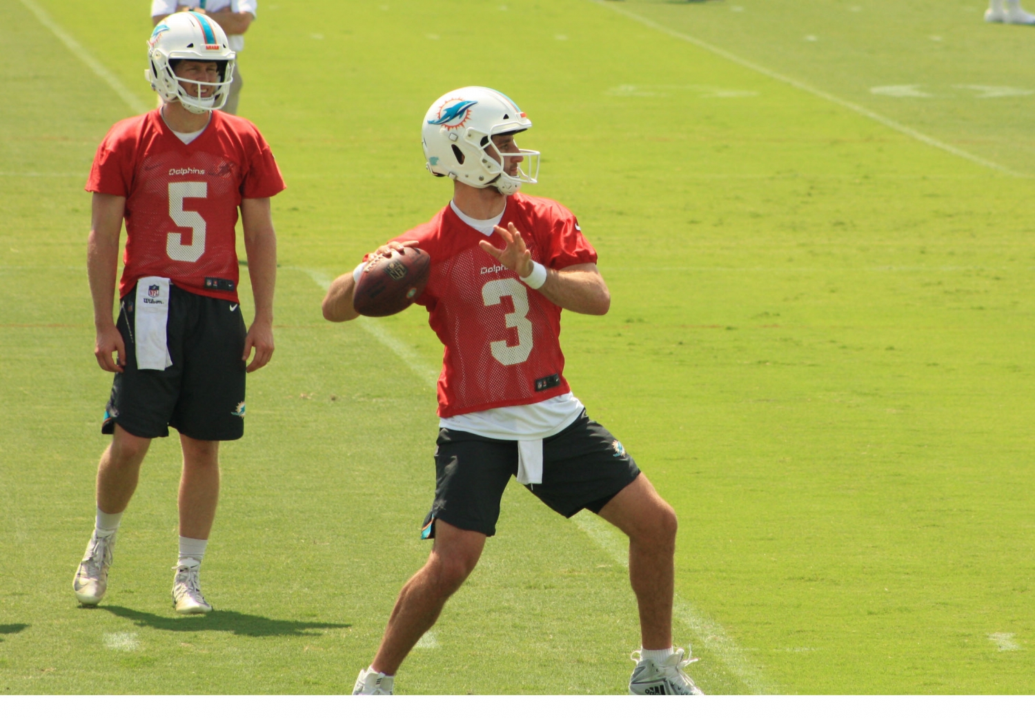 Dolphins quarterback Josh Rosen looks for a receiver during the third week of OTAs. (Craig Davis for Fiveresonssports.com)