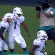 Tua Tagovailoa had reason to celebrate as the Dolphins won in his first NFL start against the Rams.