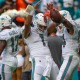 Miami Dolphins Tua Tagovailoa and Trent Sherfield dance in celebration of a touchdown against the Browns.