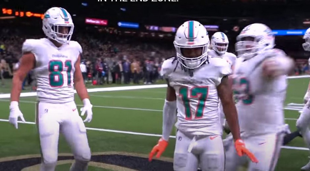 Jaylen celebrates after scoring the clinching touchdown for the Miami Dolphins in the win against the New Orleans Saints.