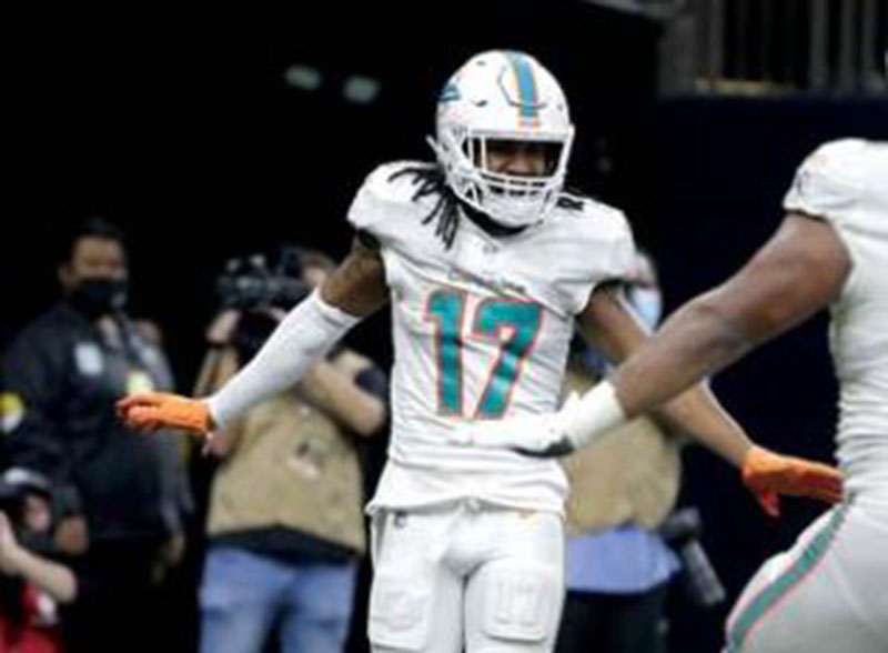 Jaylen celebrates after scoring the clinching touchdown for the Miami Dolphins in the win against the New Orleans Saints.