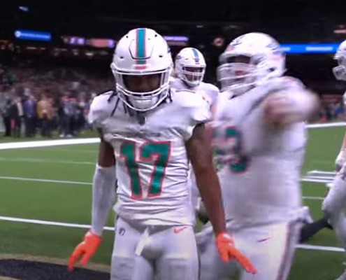 Jaylen celebrates after scoring the clinching touchdown for the Miami Dolphins in the win against the New Orleans Saints.